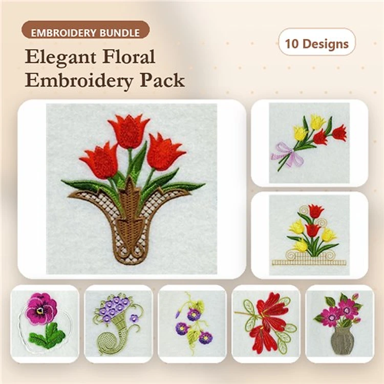 Elegant Floral Embroidery Designs Bundle – Tulip Bouquet, Red Floral Basket, Pink Blossom & More (10 Designs)