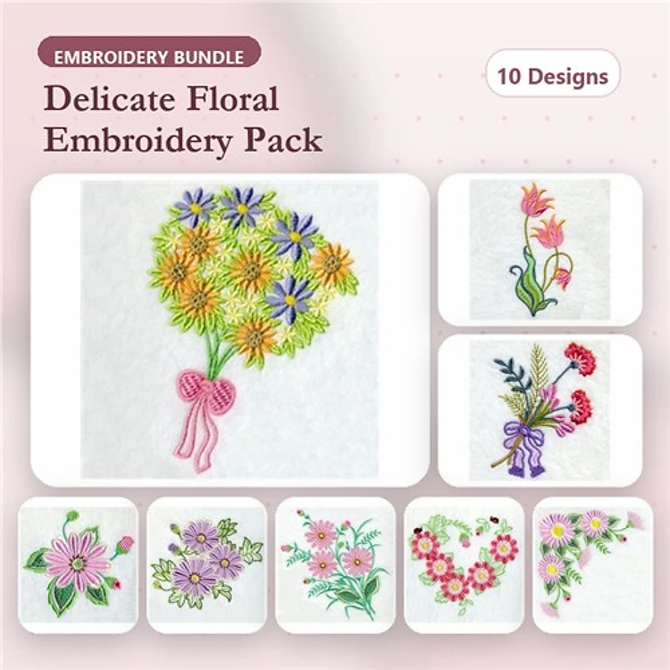 Floral Designs Embroidery Designs Bundle – Flower Bouquet with Bow, Pink Flower Arrangement, & More (10 Designs)