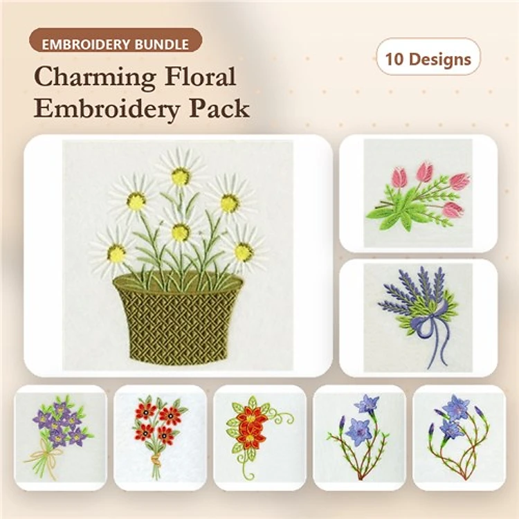 Charming Floral Embroidery Designs Bundle – Basket of Daisies, Tulip Bouquet, Lavender Sprig & More (10 Designs)