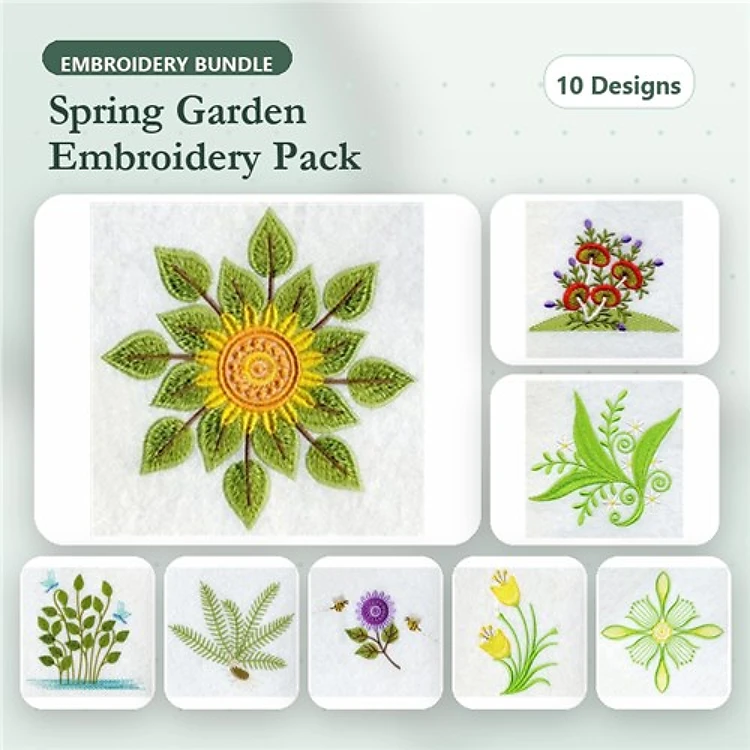 Spring Garden Embroidery Designs Bundle – Sunflower with Leaves, Floral Heart Design, Tulip Bouquet & More (10 Designs)