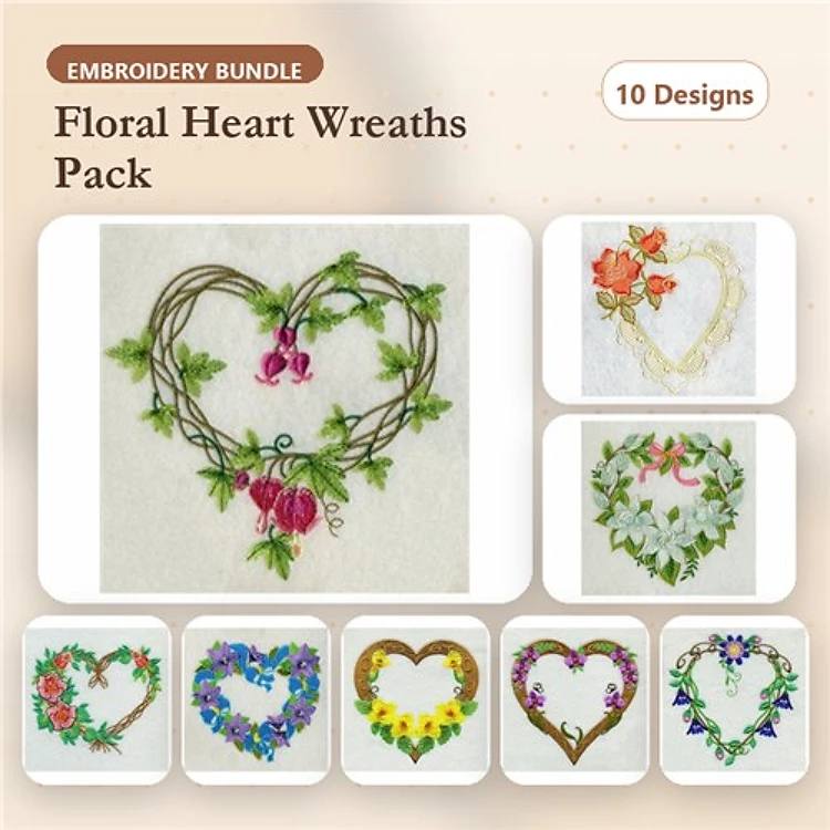 Floral Heart Wreath Embroidery Designs Bundle – Tulips, Autumn Leaves, Ivy & More (10 Designs)