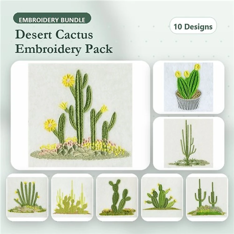 Desert Cactus Embroidery Designs Bundle – Cactus Arrangement, Flowering Cactus, Tall Cactus & More (10 Designs)