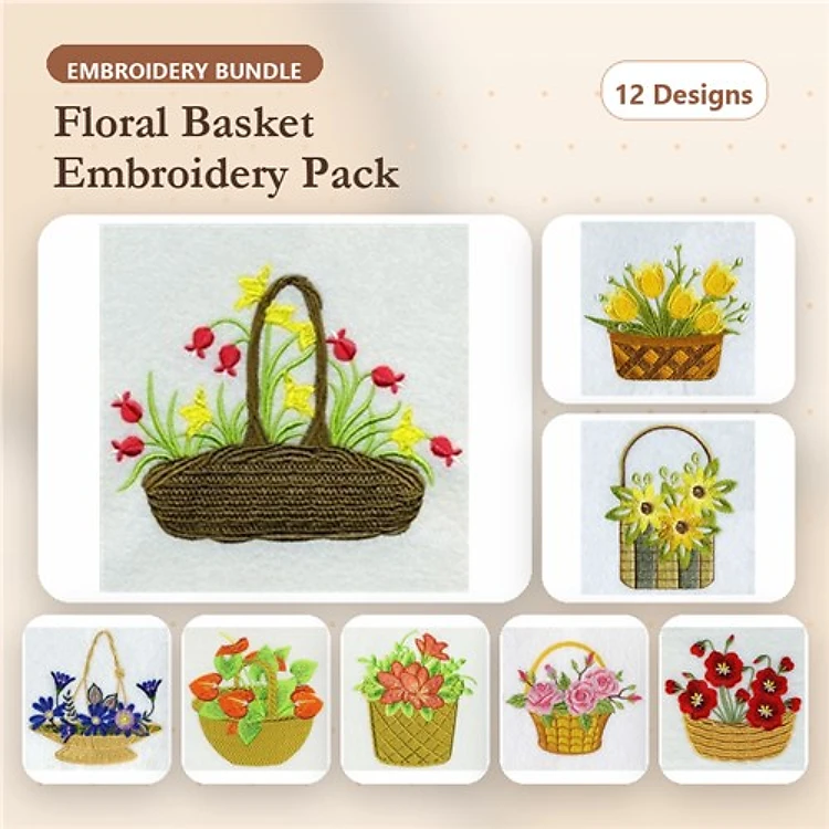 Floral Basket Embroidery Designs Bundle – Basket with Flowers, Yellow Floral Basket, Basket with Tulips & More (12 Designs)