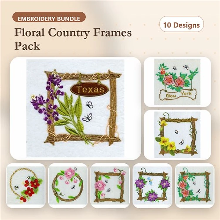 Floral Frames Embroidery Designs Bundle – Texas, New York, Pink Flower Frame & More (10 Designs)
