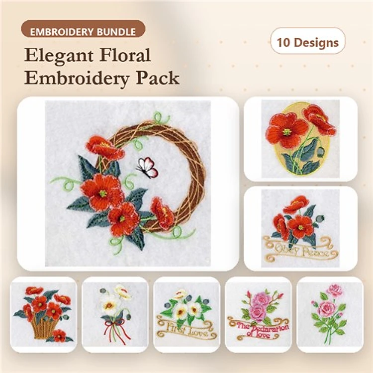 Elegant Floral Embroidery Designs Bundle – Floral Wreath, Potted Flowers, Floral Bouquet & More (10 Designs)