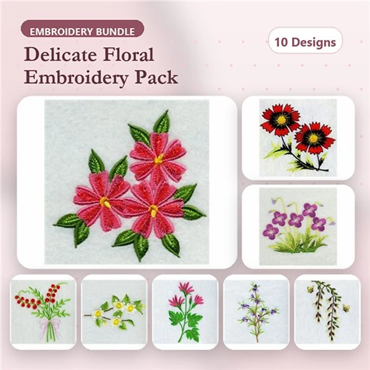Floral Embroidery Designs Bundle – Pink Hibiscus Flowers, Red Sunflower Bouquet, Purple Violets & More (10 Designs)