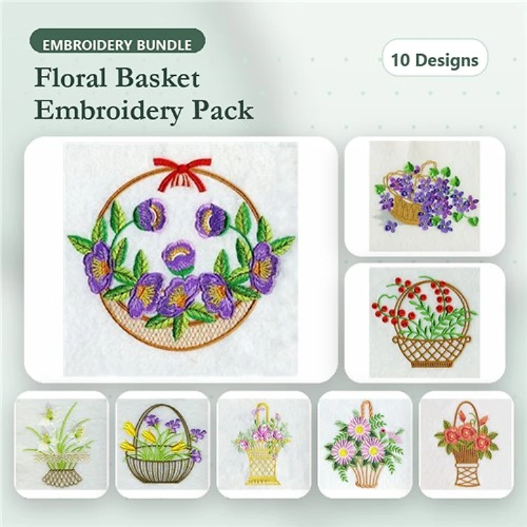Floral Baskets Embroidery Designs Bundle – Purple Flowers, Red Blooms, Yellow Flower Arrangement & More (10 Designs)