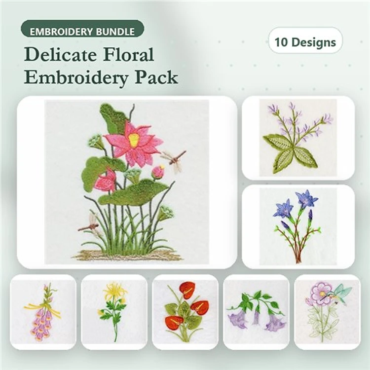 Floral Embroidery Designs Bundle – Lotus Flower, Purple Flower, Green Leaf & More (10 Designs)