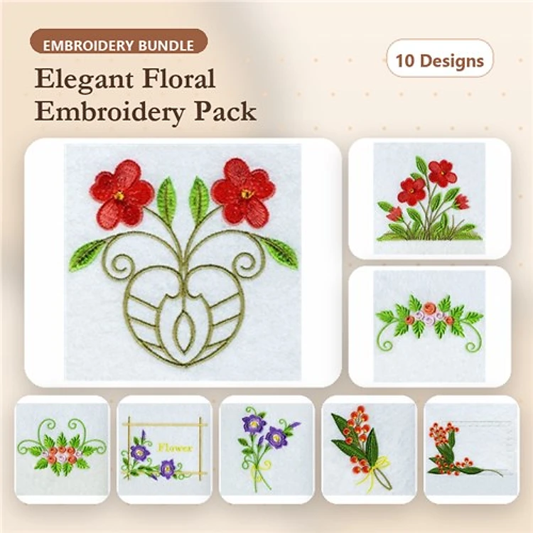 Elegant Floral Embroidery Designs Bundle – Red Floral Arrangement, Floral Heart, Purple Floral Bouquet & More (10 Designs)