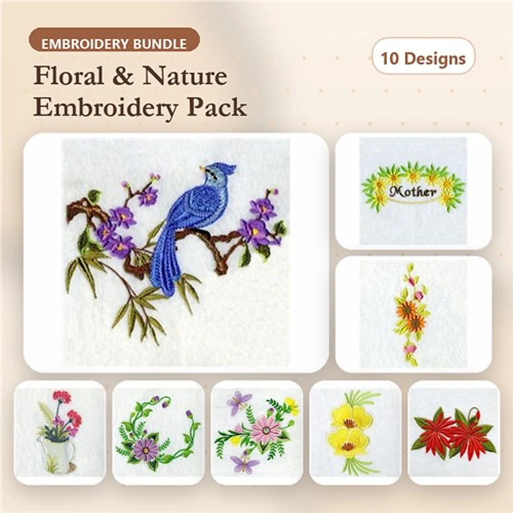Floral and Nature Embroidery Designs Bundle – Blue Jay on Branch, Spring Flowers Bouquet, Easter Floral Wreath & More (10 Designs)