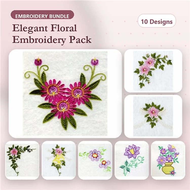 Elegant Floral Embroidery Designs Bundle – Floral Bouquet, Single Pink Flower, Purple Floral Spray & More (10 Designs)