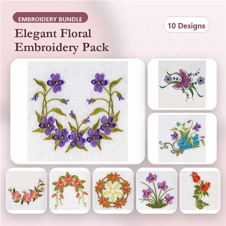 Elegant Floral Embroidery Bundle – Violet Bouquet, Floral Swag, Rose Cluster & More (10 Designs)