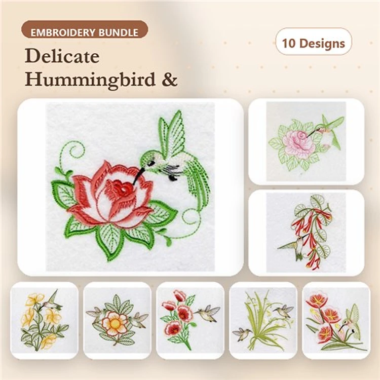 Hummingbird & Floral Embroidery Designs Bundle – Hummingbird and Rose, Floral Arrangement, Red Floral Design & More (10 Designs)