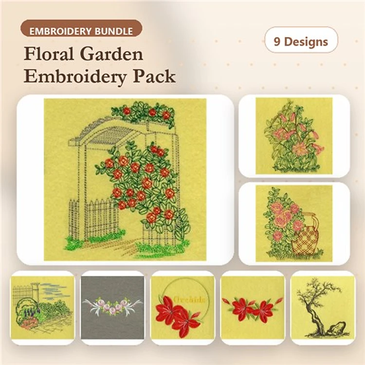 Floral Garden Elements Embroidery Bundle – Garden Arch with Flowers, Floral Basket, Trellis with Roses & More (9 Designs)