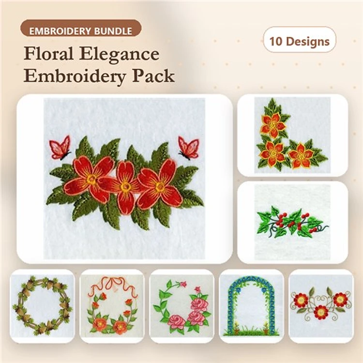 Floral & Butterfly Embroidery Designs Bundle – Floral Arrangement, Spring Floral Bouquet, & More (10 Designs)