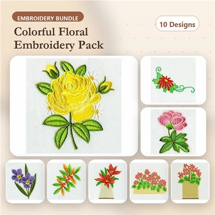 Colorful Floral Embroidery Designs Bundle – Yellow Rose, Pink Rose, Violet Bouquet & More (10 Designs)