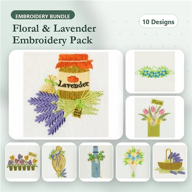 Floral and Lavender Embroidery Designs Bundle – Lavender Jar, Bouquet with Ribbon, Floral Bouquet & More (10 Designs)