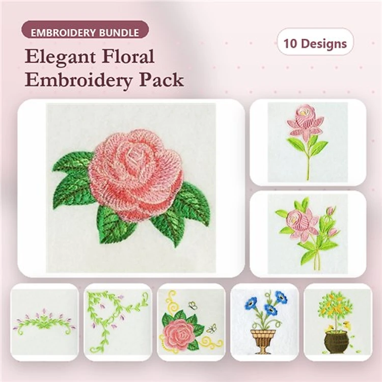 Floral Embroidery Designs Bundle – Rose with Leaves, Pink Rose, Flower Pot & More (10 Designs)