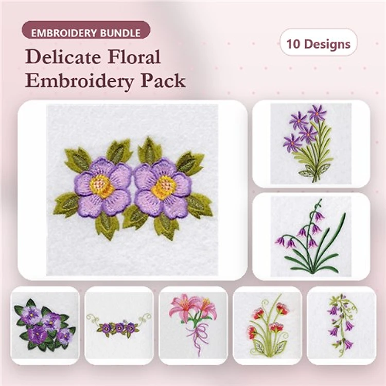 Floral Embroidery Designs Bundle – Purple Floral Bouquet, Tall Purple Flower, Pink Flower Sprig & More (10 Designs)