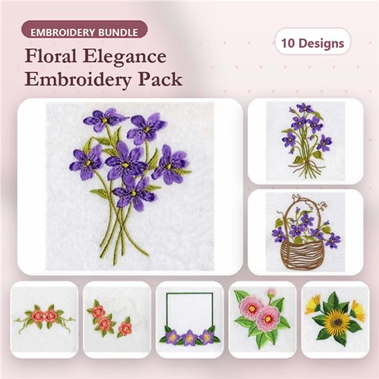 Floral Embroidery Designs Bundle – Violet Bouquet, Flower Basket, Floral Frame & More (10 Designs)