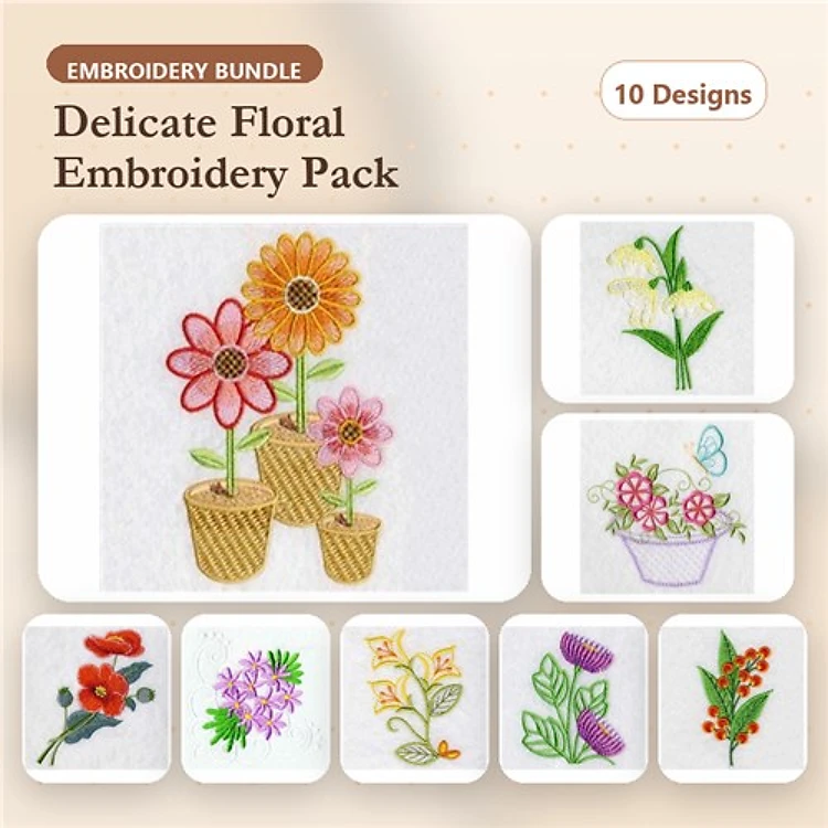Floral Pot Embroidery Designs Bundle – Flower Pot with Sunflowers, Pink Daisies, Butterfly & More (10 Designs)