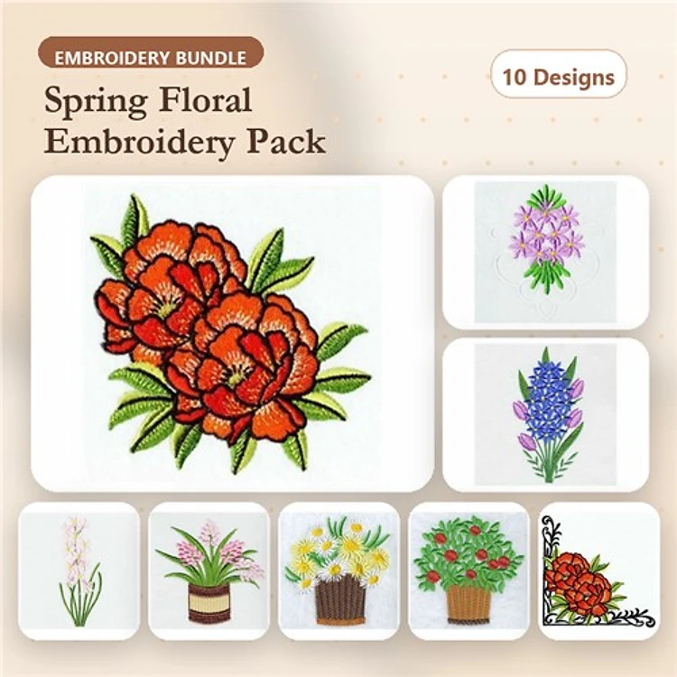 Spring Floral Embroidery Designs Bundle – Red Flower Bouquet, Purple Floral Arrangement, White Orchid & More (10 Designs)