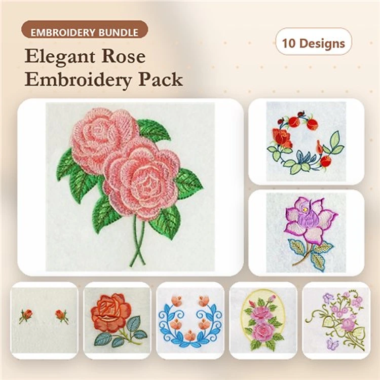 Floral Embroidery Designs Bundle – Elegant Roses, Floral Wreath, Blue Floral Design & More (10 Designs)