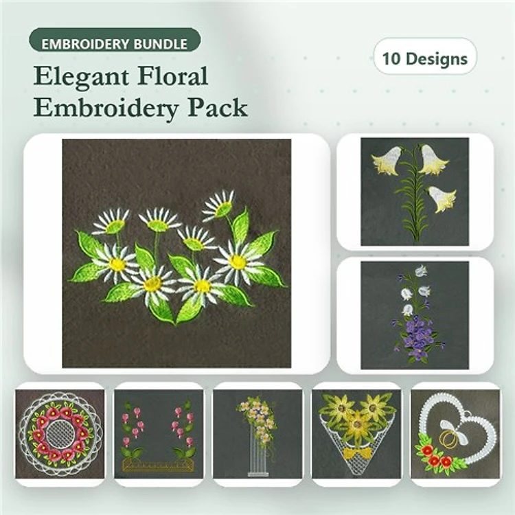 Elegant Floral Designs Embroidery Bundle – Floral Daisy Arrangement, Purple Floral Bouquet, Heart Floral Design & More (10 Designs)