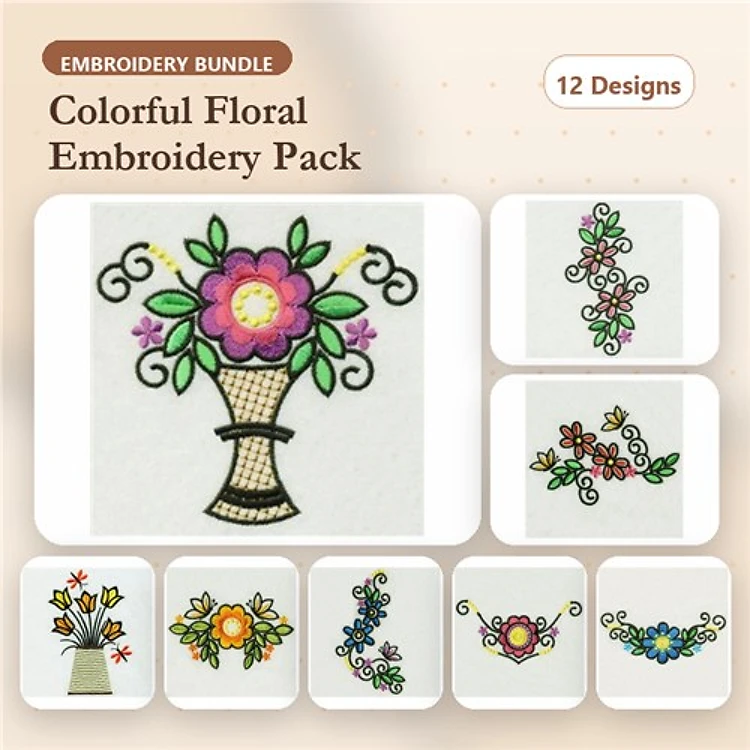 Colorful Floral Arrangements Embroidery Designs Bundle – Flower Bouquet in Vase, Single Flower Decoration, Flower Pot Design & More (12 Designs)