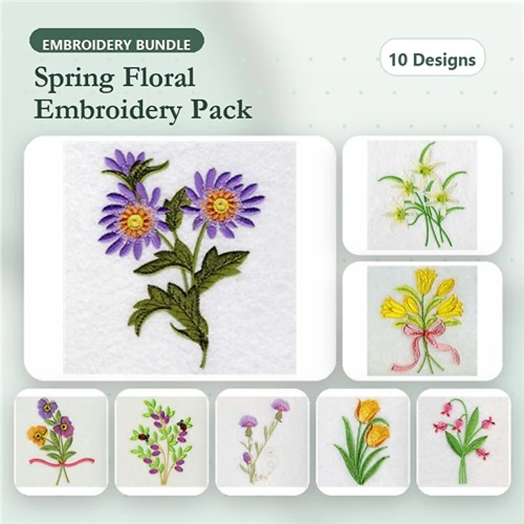 Spring Floral Embroidery Designs Bundle – Purple Daisy Bouquet, Yellow Flower Bunch, Tulip Arrangement & More (10 Designs)