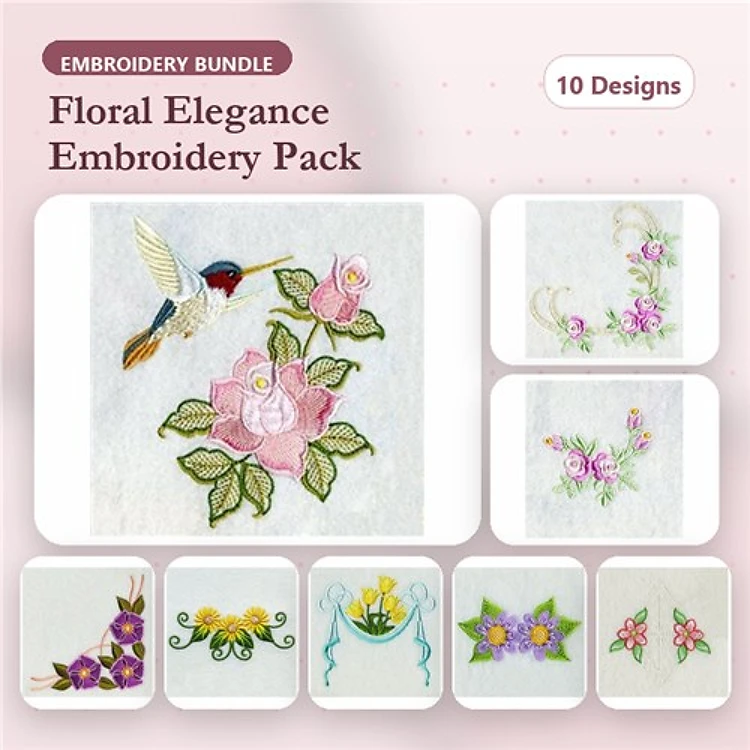Floral Designs Embroidery Bundle – Hummingbird with Roses, Floral Arrangement with Lilies, & More (10 Designs)