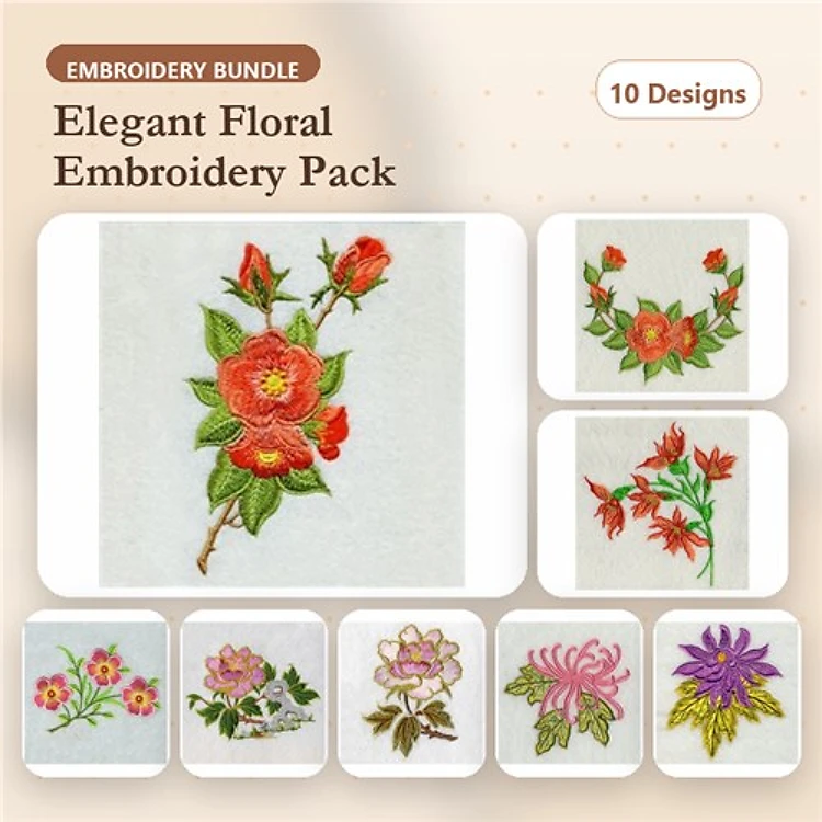 Elegant Floral Embroidery Designs Bundle – Red Floral Bouquet, Blooming Rose, Vibrant Pink Flower & More (10 Designs)