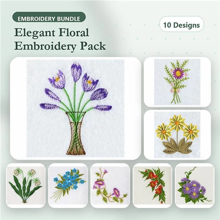 Elegant Floral Embroidery Designs Bundle – Tulip Bouquet, Daisy Arrangement, Blue Floral Cluster & More (10 Designs)