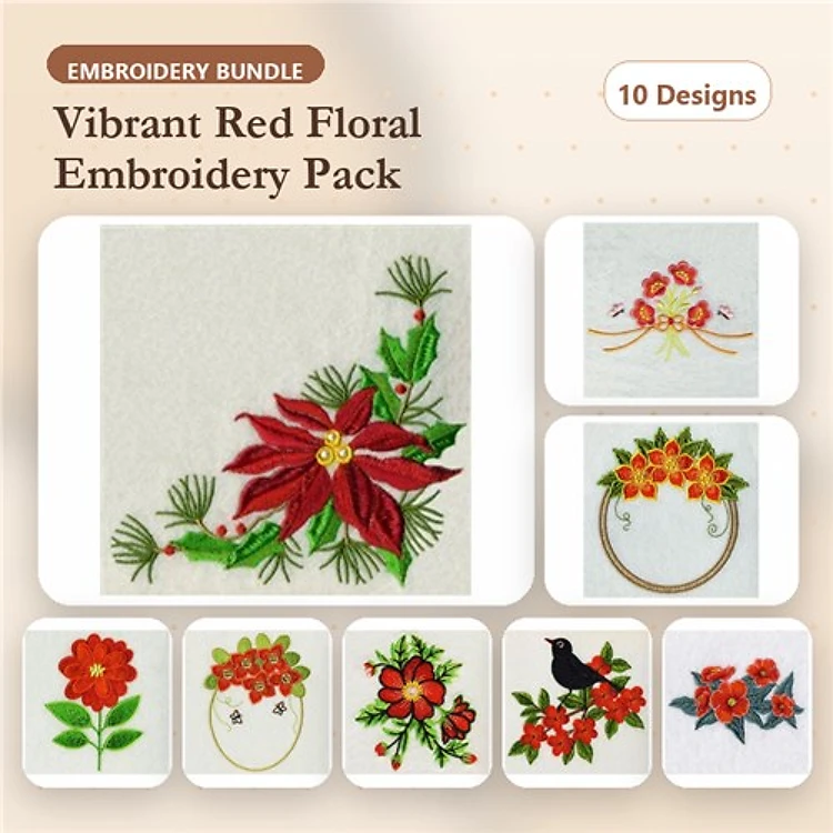 Vibrant Red Floral Embroidery Bundle – Poinsettia Arrangement, Red Floral Wreath, Hummingbird with Flowers & More (10 Designs)