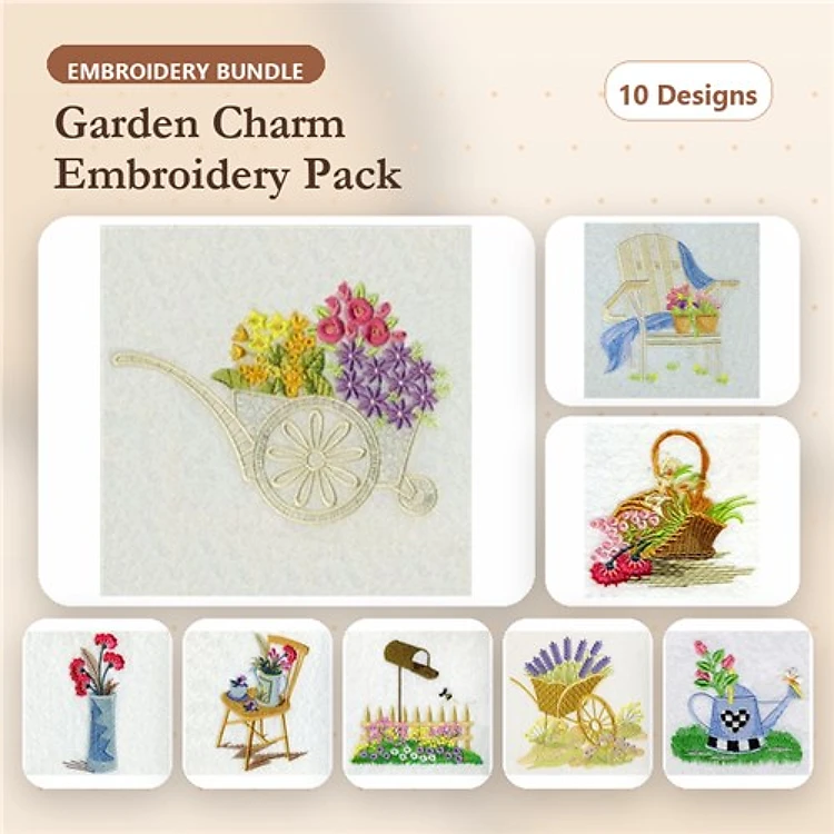 Garden-themed Embroidery Designs Bundle – Flowering Wheelbarrow, Watering Can, Lavender Bouquet & More (10 Designs)