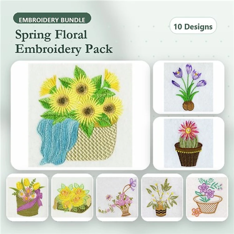 Spring Floral Embroidery Designs Bundle – Sunflower Basket, Purple Flower Pot, Flower Bouquet & More (10 Designs)