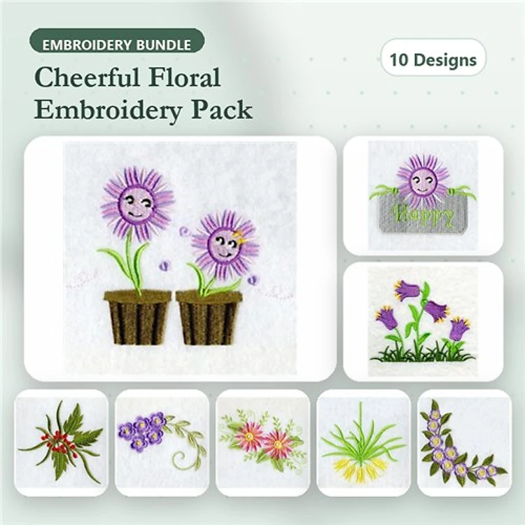 Cheerful Floral Embroidery Designs Bundle – Smiling Flower in Pot, Purple Flower, Flower Bouquet & More (10 Designs)