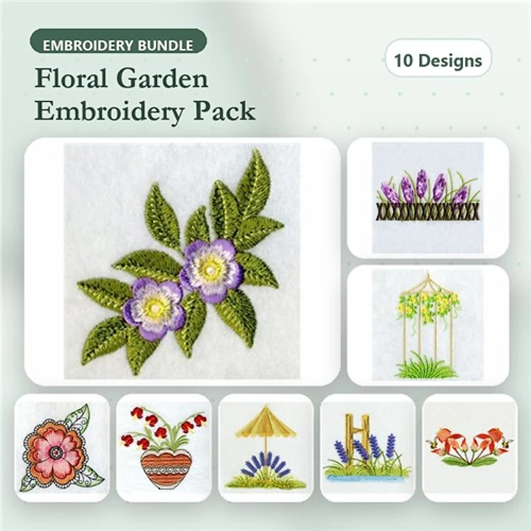 Floral Embroidery Designs Bundle – Purple Flowers, Crocus Flowers, Garden Arch & More (10 Designs)