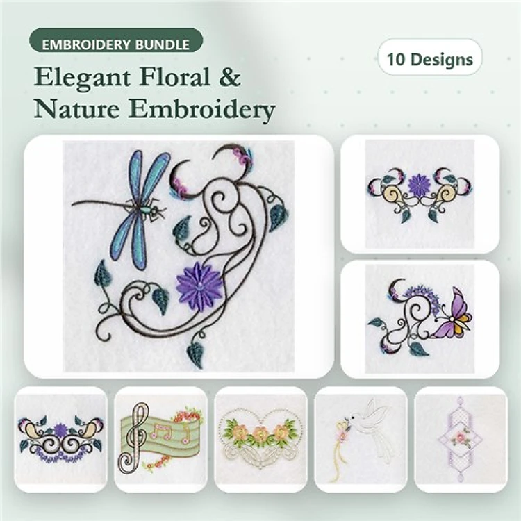 Floral and Nature Embroidery Designs Bundle – Dragonfly with Flowers, Butterfly with Swirls & More (10 Designs)