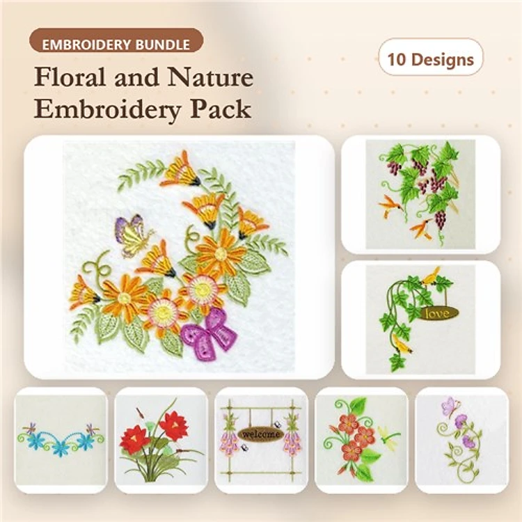 Floral and Nature Embroidery Designs Bundle – Floral Arrangement with Butterflies, Vines with Leaves, Red Flower Bouquet & More (10 Designs)