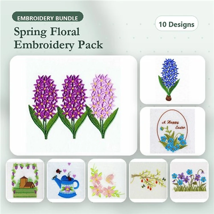 Spring Floral Embroidery Bundle – Hyacinth Flowers, Watering Can with Flowers, Bird House with Flowers & More (10 Designs)