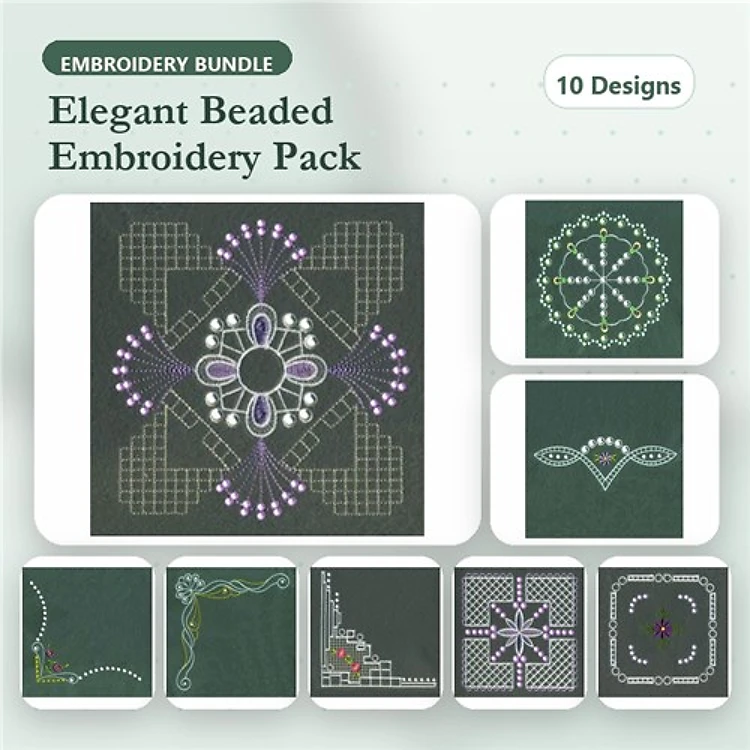 Beaded Embroidery Designs Bundle – Beaded Floral Motif, Geometric Circle Design, Delicate Heart Shape & More (10 Designs)