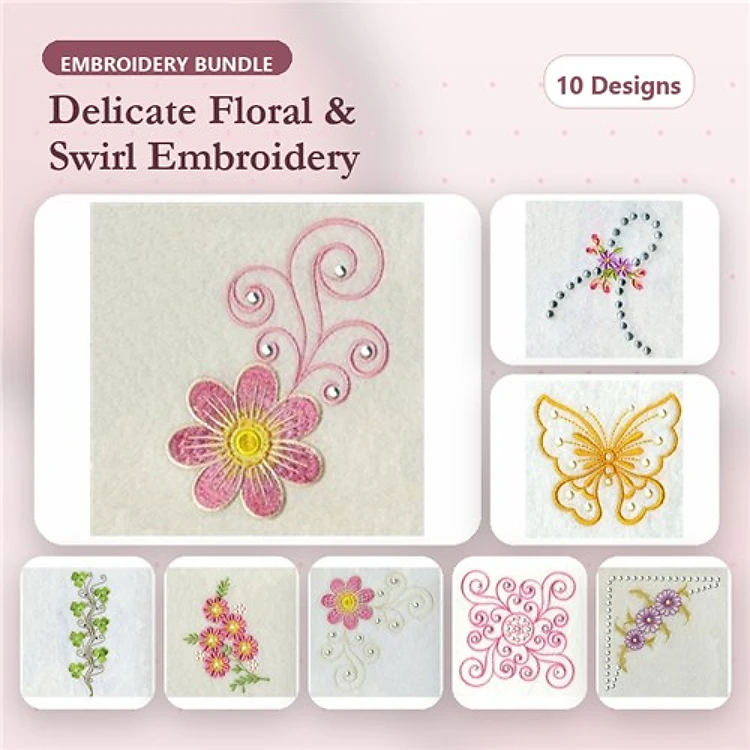 Floral & Butterfly Embroidery Designs Bundle – Delicate Floral with Swirls, Charming Floral, Butterfly with Swirls & More (10 Designs)