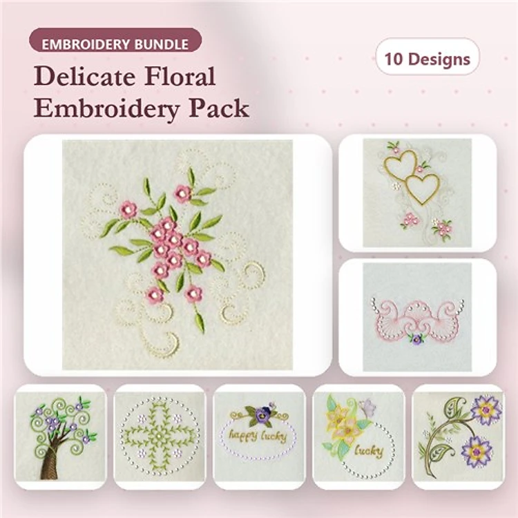 Floral Embroidery Designs Bundle – Floral Bouquet, Heart with Flowers, Swirly Floral Design & More (10 Designs)
