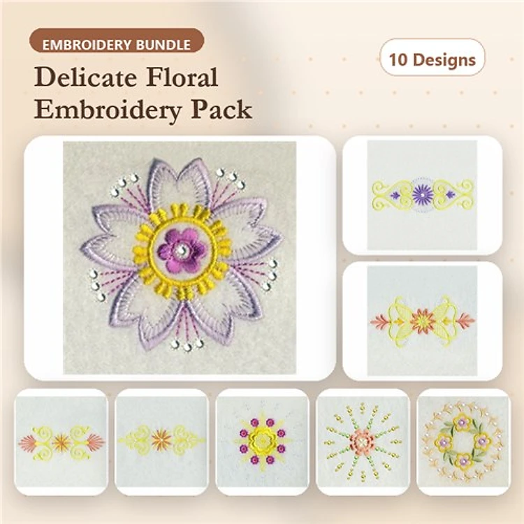 Floral Embroidery Designs Bundle – Floral Mandala, Sunflower with Beads, Violet Blossom & More (10 Designs)