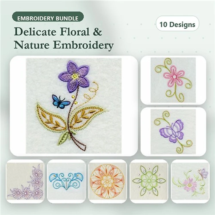 Floral & Butterfly Embroidery Bundle – Purple Flower with Butterfly, Pink Floral Swirl, Blue Butterfly & More (10 Designs)