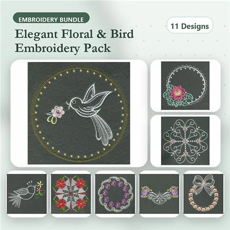 Floral and Bird Embroidery Designs Bundle – Bird with Flower, Floral Wreath, Decorative Bird & More (11 Designs)