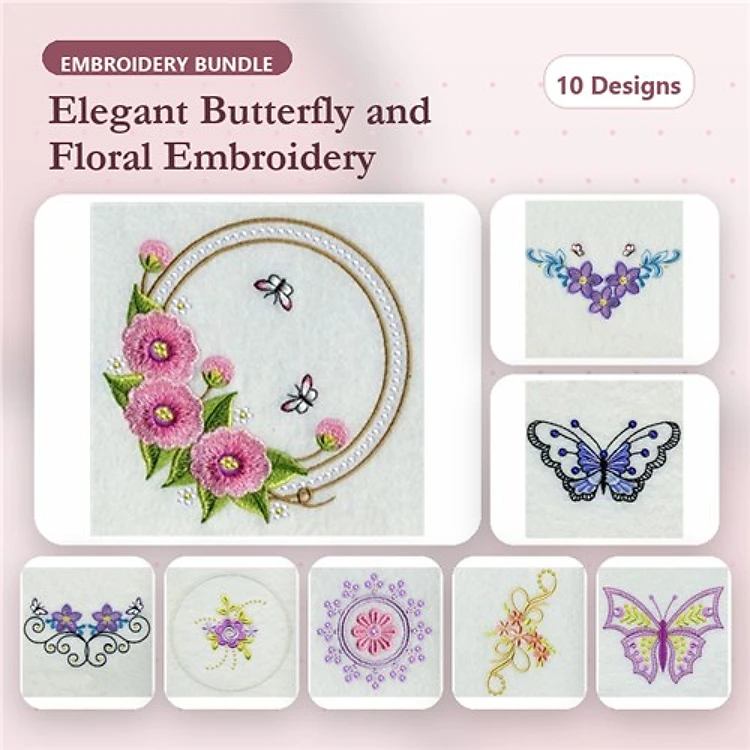Elegant Butterflies & Floral Embroidery Designs Bundle – Floral Embroidery with Butterflies, Artistic Butterfly & More (10 Designs)