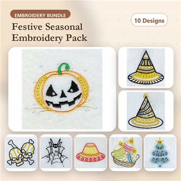 Festive Seasonal Themes Embroidery Designs Bundle – Smiling Pumpkin, Witch Hat, Skeleton Bones & More (10 Designs)