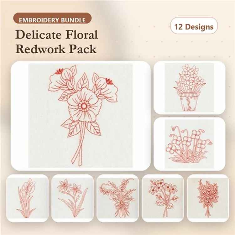 Redwork Delicate Floral Embroidery Designs Bundle – Floral Bouquet, Flower Pot, Wildflower Bunch & More (12 Designs)